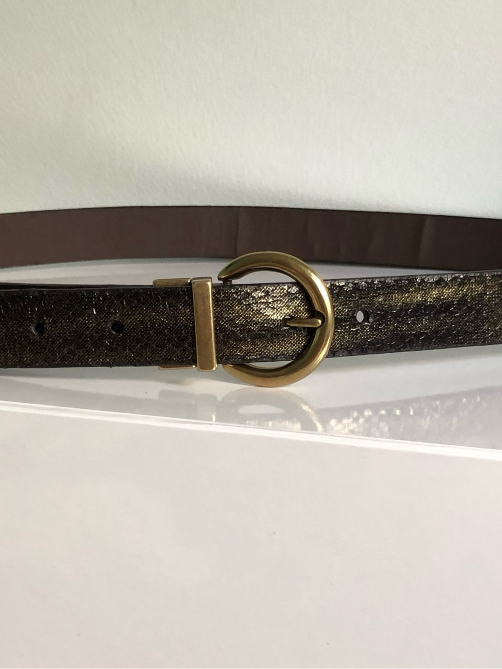 Bronze Metallic Brown Faux Leather Snake Croc Print Belt with Round Gold Buckle